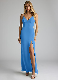 Azazie Becca Bridesmaid Dresses Blue Jay Sheath V-Neck Chiffon Dress image1