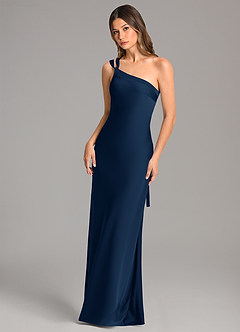 Azazie Monroe Jurken voor bruidsmeisjes Jurk van Stretch Satijn met Zeemeermin One-Shoulder Donkere Marine image3