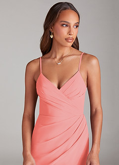 Azazie Maci Bridesmaid Dresses Coral Sheath Pleated Chiffon Dress image5