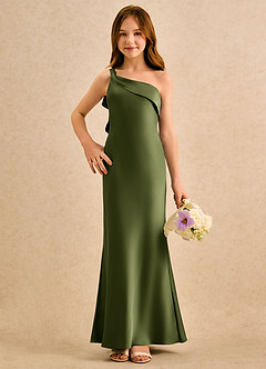 Azazie Almond Girls Formal Abiti da Ragazza di Fiori Abito Tubino in Raso Elasticizzato Monospalla Oliva image4