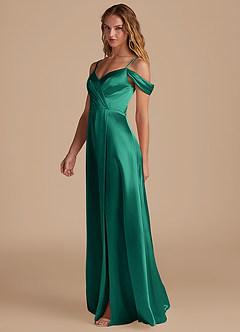 Azazie Ocean Bridesmaid Dresses Emerald A-Line Off the Shoulder Metallic Satin Dress image4