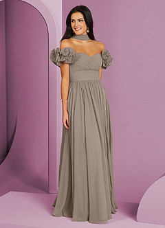 Barbie ♥ Azazie Robes de demoiselle d'honneur Robe Trapèze Convertible en Mousseline de soie Épaule décolletée Taupe image3