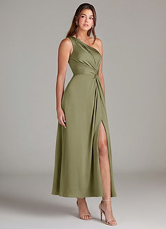 Azazie Brooke Suknie dla druhen Linia A Jedno ramię Satyna elastyczna Długość kostki Sukienka image4