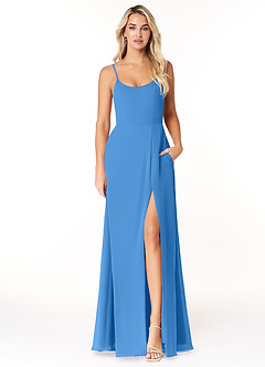 Azazie Moira Robes de demoiselle d'honneur Robe Trapèze en Mousseline de soie Décolleté Geai Bleu image1
