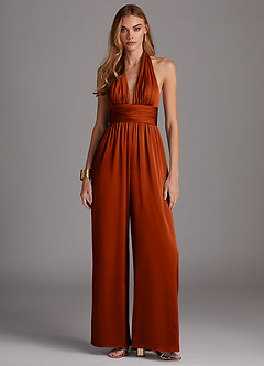 Azazie Oli Jurken voor bruidsmeisjes Jumpsuit van Stretch Satijn Geplooid Paprika image3
