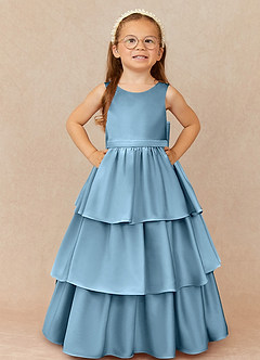 Azazie Margie Flower Girl Dresses Steel Blue A-Line Bow Stretch Satin Dress image2
