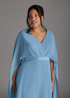 Azazie Isa vestidos de madre de la novia Vestido de Azul Acero de Gasa de Corte En A con Cuello en V plisado image11