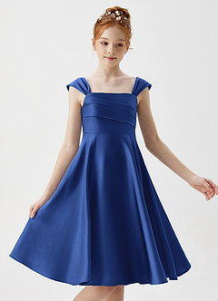 Azazie Amira Junior Abito A-Line in Raso Elasticizzato Plissettato Blu Reale image3