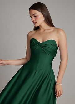 Azazie Meleena At-home Try On Dresses Dark Green A-Line Strapless Stretch Satin Dress image4