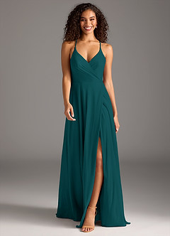Azazie Davis Bridesmaid Dresses Peacock A-Line Pleated Mesh Dress image2