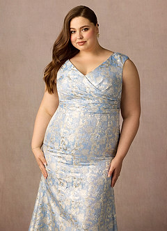 Azazie Elanor Kleider für die Brautmutter Meerjungfrau-Linie Plissee Jacquard 1 Kleid Staubblau image7