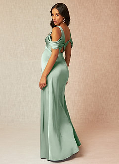 Azazie Rhea vestidos de dama de honor de maternidad Vestido de Corte En A Off The Shoulder Plisado Hasta el suelo Satén Elástico image5