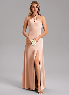 Azazie Tracie Bridesmaid Dresses Rose Gold A-Line Side Slit Stretch Satin Dress image1