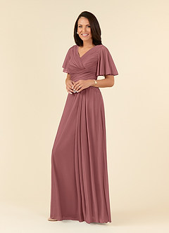 Azazie Emmeline Mother of the Bride Dresses Desert Rose A-Line V-Neck Pleated Mesh Dress image3