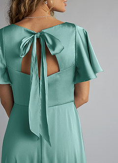 Azazie Kimber Bridesmaid Dresses Aqua A-Line Ruched Stretch Satin Dress image5