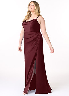 Azazie Marzia Bridesmaid Dresses Cabernet Sheath Cowl Pleated Stretch Satin Dress image9
