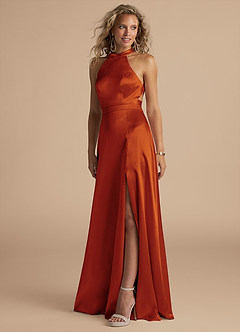 Azazie Clarice Bridesmaid Dresses Paprika A-Line High Neck Metallic Satin Dress image1