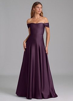 Azazie Seriana Bridesmaid Dresses Plum A-Line Off the Shoulder Stretch Satin Convertible Dress image1