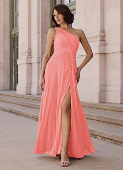 Azazie Brooke Bridesmaid Dresses Coral A-Line One Shoulder Chiffon Dress image2