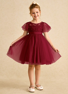 Azazie Queenie Flower Girl Dresses Burgundy A-Line Lace Dress image1