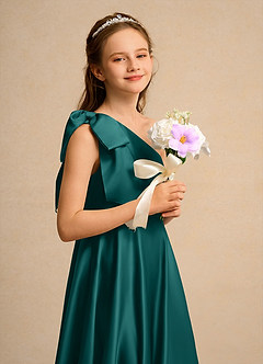 Azazie Guppy Girls Formal Abiti da Ragazza di Fiori Abito A-Line in Raso Opaco Monospalla Verde Pavone image6