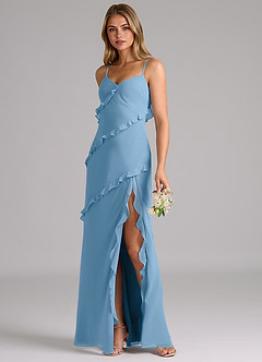 Azazie Nancie Brautjungfernkleider Meerjungfrau-Linie Gestreift Chiffon Kleid Stahlblau image3