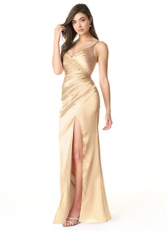 Azazie Sukia Bridesmaid Dresses Gold Mermaid Pleated Metallic Satin Dress image3