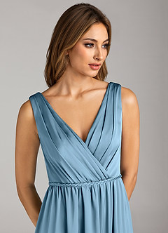 Azazie Tanicia Bridesmaid Dresses Steel Blue A-Line Pleated Stretch Satin Dress image6