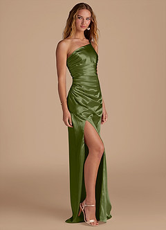Azazie Eren Bridesmaid Dresses Olive Sheath One Shoulder Metallic Satin Dress image4