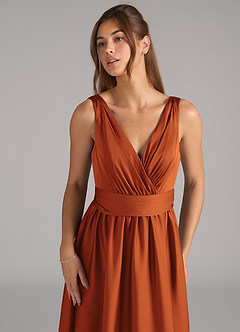 Azazie Kora Bridesmaid Dresses Cinnamon A-Line Pleated Stretch Satin Dress image7