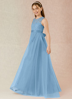 Azazie Georgette Junior Vestido de Azul Acero de Tul de Corte En A con Encaje image5
