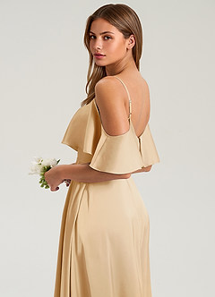 Azazie Jean Bridesmaid Dresses Gold A-Line Off the Shoulder Stretch Satin Dress image7