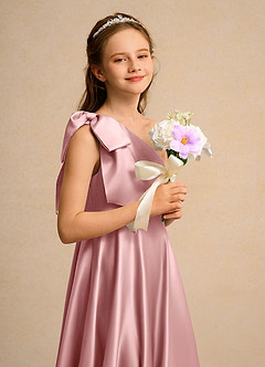 Azazie Guppy Girls Formal Flower Girl Dresses Dusty Rose A-Line One Shoulder Matte Satin Dress image6