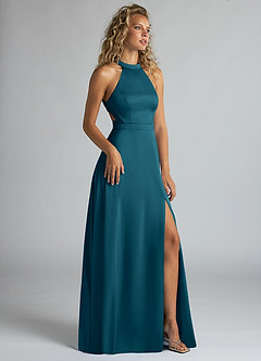 Azazie Clarice Bridesmaid Dresses Ink Blue A-Line High Neck Stretch Satin Dress image2