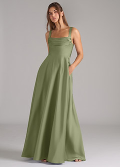 Azazie Shaude Bridesmaid Dresses Garden Sage A-Line Pleated Stretch Satin Dress image5