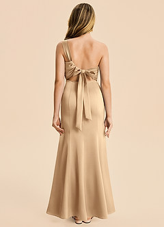 Azazie Ren Junior Champagne A-Line Pleated Stretch Satin Dress image1