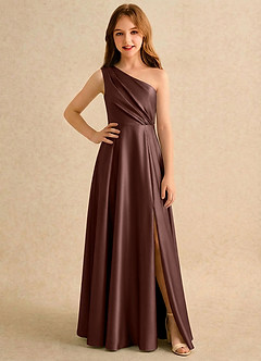 Azazie Puddles Girls Formal Robe Demoiselle D'honneur Fillette Robe Trapèze en Satin extensible Une épaule Expresso image1