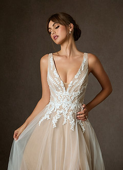 Azazie Goddess Wedding Dresses Diamond White Nude A-Line V-Neck Sequins Tulle Dress image6