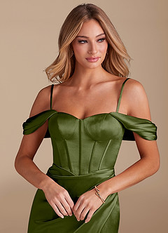 Azazie Asha Bridesmaid Dresses Olive Sheath Off the Shoulder Metallic Satin Dress image2