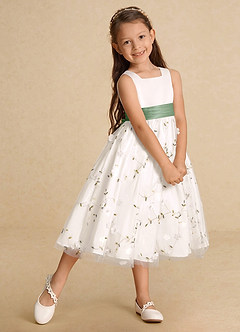 Azazie Pollie Flower Girl Dresses Ivory Matcha A-Line Bow Tulle Dress image9