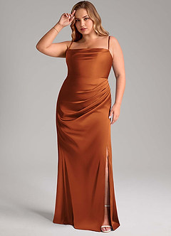 Azazie Leonis Bridesmaid Dresses Cinnamon Mermaid Pleated Stretch Satin Convertible Dress image11