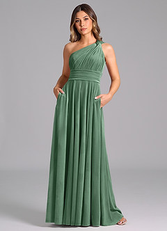 Azazie Charlize Bridesmaid Dresses Eucalyptus A-Line One Shoulder Velvet Dress image3