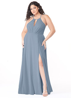 Azazie Evalleen Abiti da Damigella Abito A-Line in Chiffon Plissettato Blu Polveroso image9