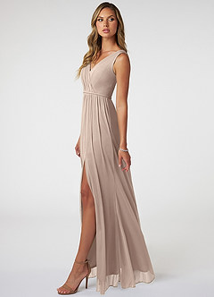 Azazie Tanicia Bridesmaid Dresses Taupe A-Line V-Neck Pleated Mesh Dress image3