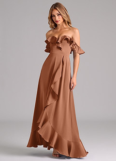 Azazie Lyra Bridesmaid Dresses Bronzer A-Line Off the Shoulder Stretch Satin Convertible Dress image4