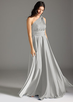 Azazie Charlize Bridesmaid Dresses Silver A-Line One Shoulder Stretch Satin Dress image3
