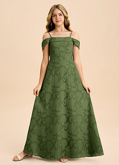 Azazie Anselie Junior A-Linie Schulterfrei Blumen-Burnout Kleid Olivgrün image5