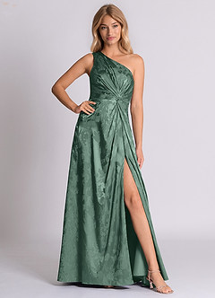 Azazie Brooke 신부 들러리 드레스 A라인 한쪽 어깨 자카드 바닥 길이 드레스 image3