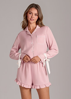 Satin Contrast Piping Tie Sleeve Ruffle Pajama Shorts Set