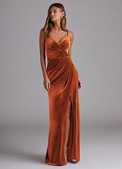 Azazie Maci Bridesmaid Dresses Burnt Orange Sheath Pleated Velvet Dress image4